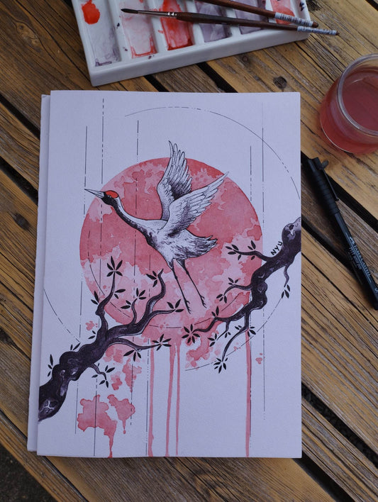 ORIGINAL watercolor - Japanese crane